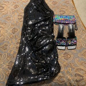 Black Sequin Dress with Multicolor Accessories